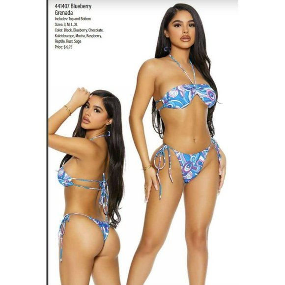 FORPLAY String Bikini Set Strappy Halter Top Gathered Cups Thong Bottoms Blue 44 - Picture 2 of 4
